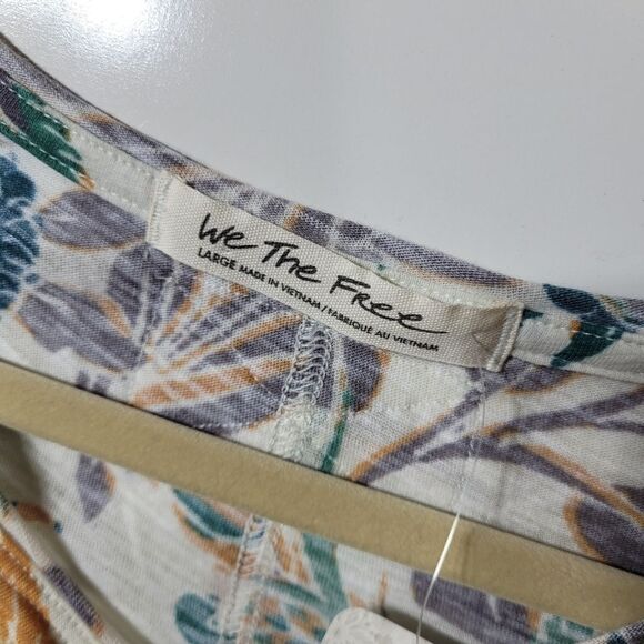 NEW L FREE PEOPLE TAN TEAL GREEN FLORAL LETTUCE LONG SLEEVE TOP LARGE NWT - Picture 6 of 7